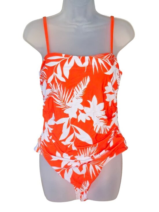 Cupshe Other - Tropical Print One-Piece Swimsuit L Orange White Ruched Adjustable Square Neck